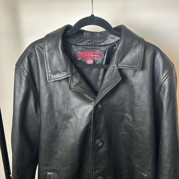 Vintage Merona Genuine Leather Black Long Trench Button Up Collared Jacket SZ L - Picture 2 of 8